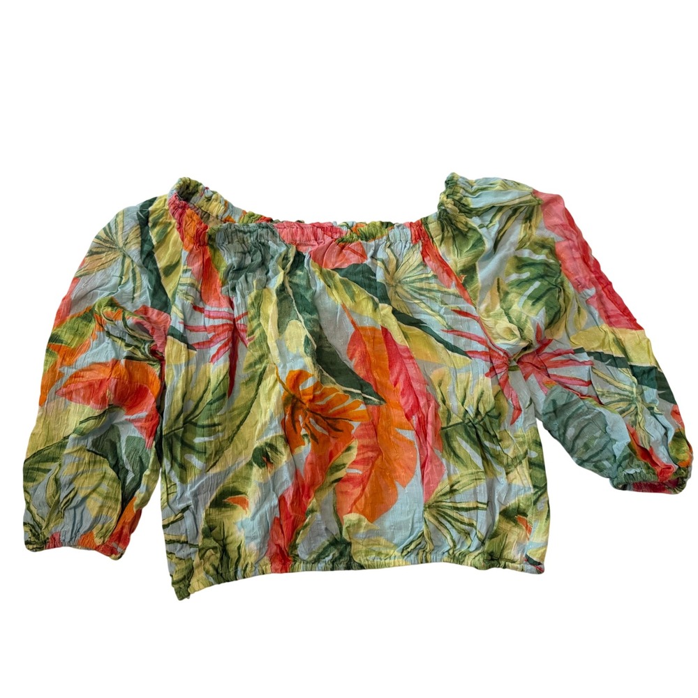 Rachel Roy Tropical Floral Off Shoulder Crop Top Green Orange Rayon Medium